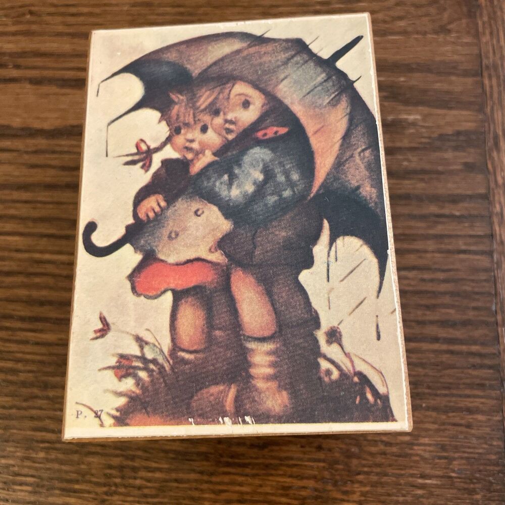 Vtg M.J. Hummel Wooden Music Box Japan - Wind-Up Children Under Umbrella Works